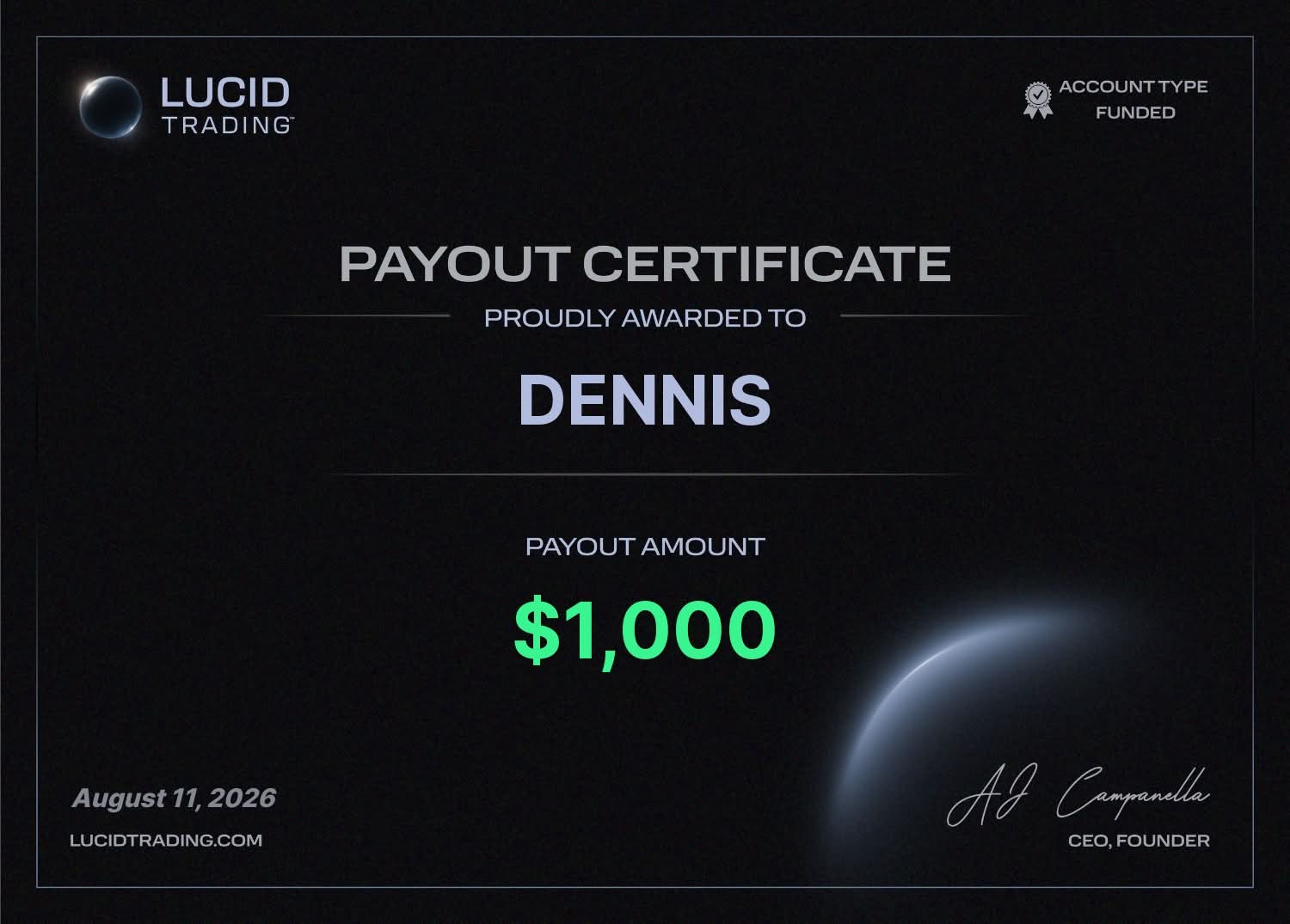 Lucid-Zertifikat (Auszahlung) über 1000$ für Dennis, 11.08.2026