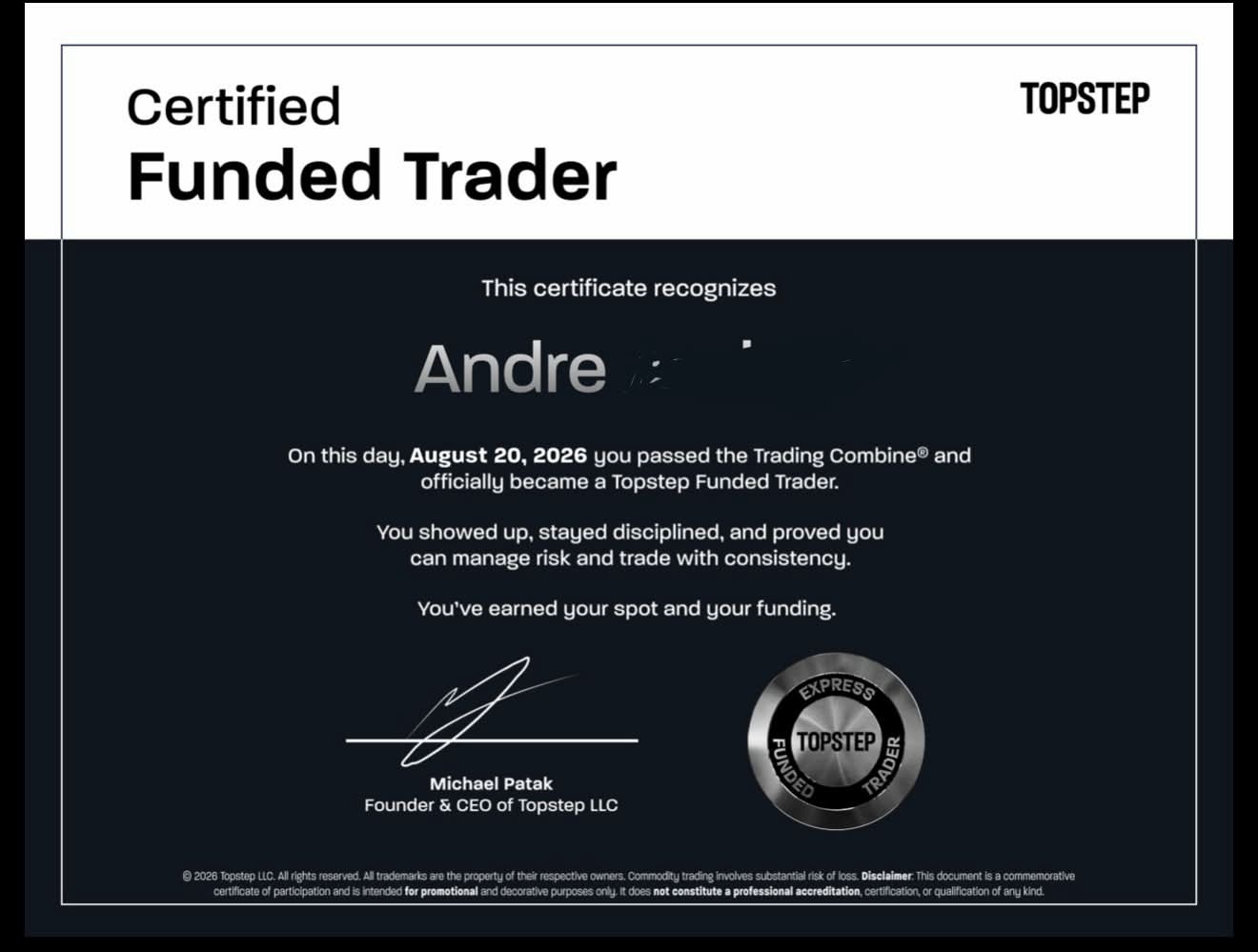 Fundingpips-Zertifikat (Bestanden) über Funded für Andre, 20.08.2026