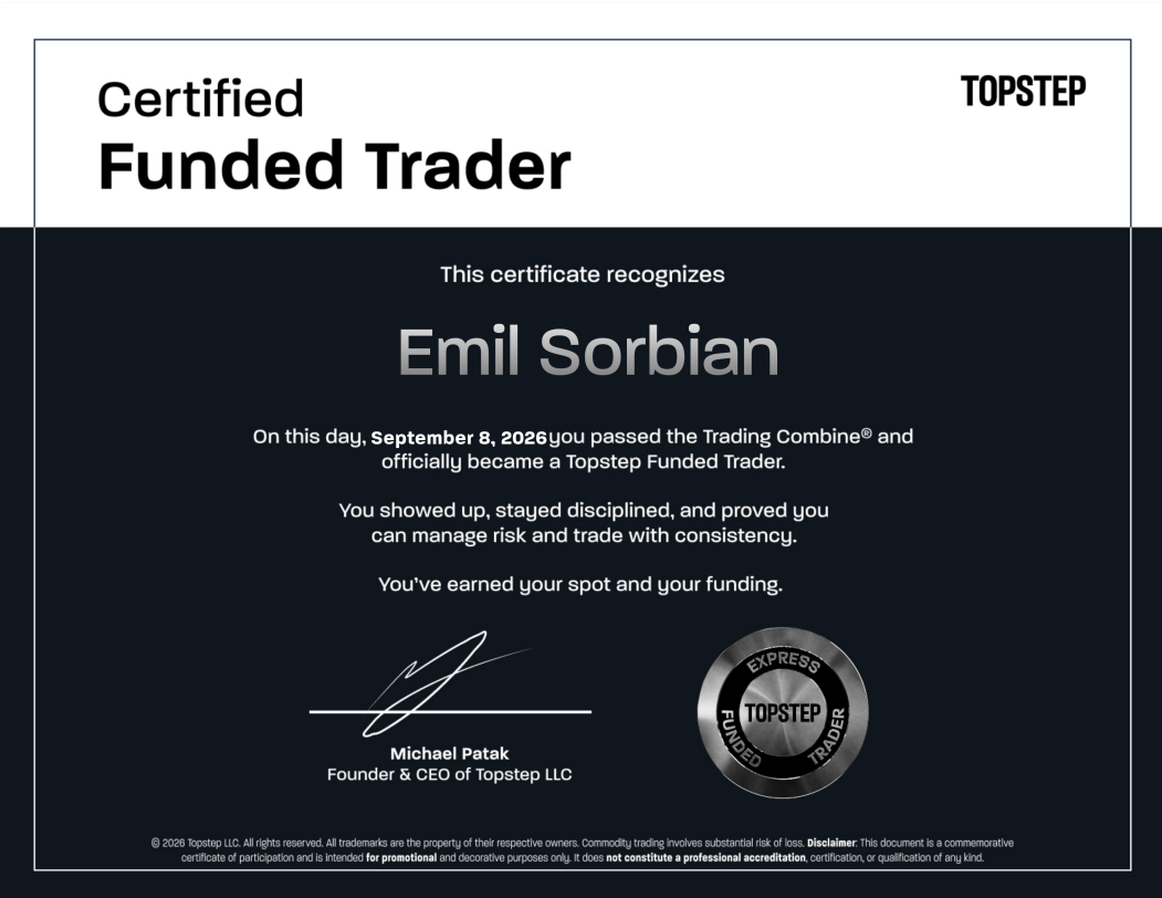 Lucid-Zertifikat (Bestanden) über Funded Trader für Emil, 08.09.2026