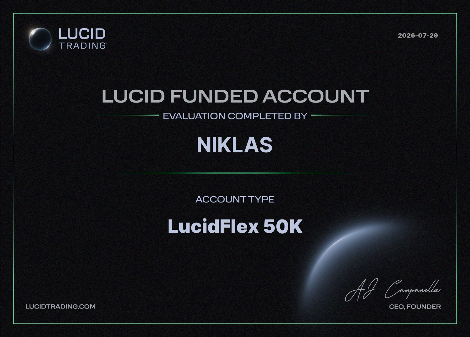 Lucid-Zertifikat (Bestanden) über Funded für Niklas, 29.07.2026