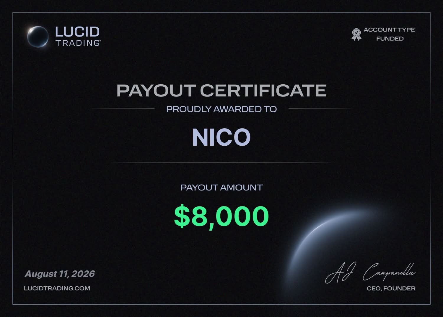 Lucid-Zertifikat (Auszahlung) über 8000$ für Nico, 11.08.2026