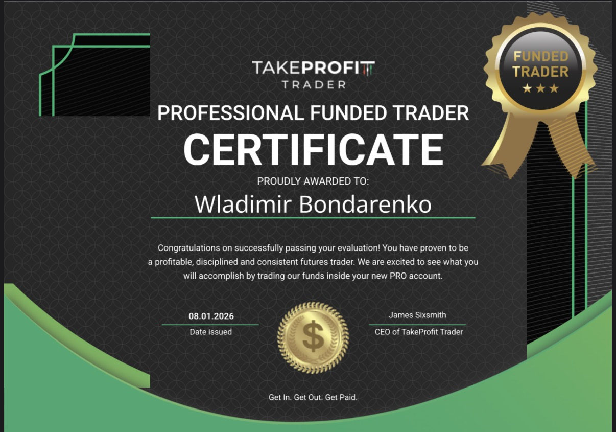Takeprofittrader-Zertifikat (Bestanden) über Funded für Wladimir Bondarenko