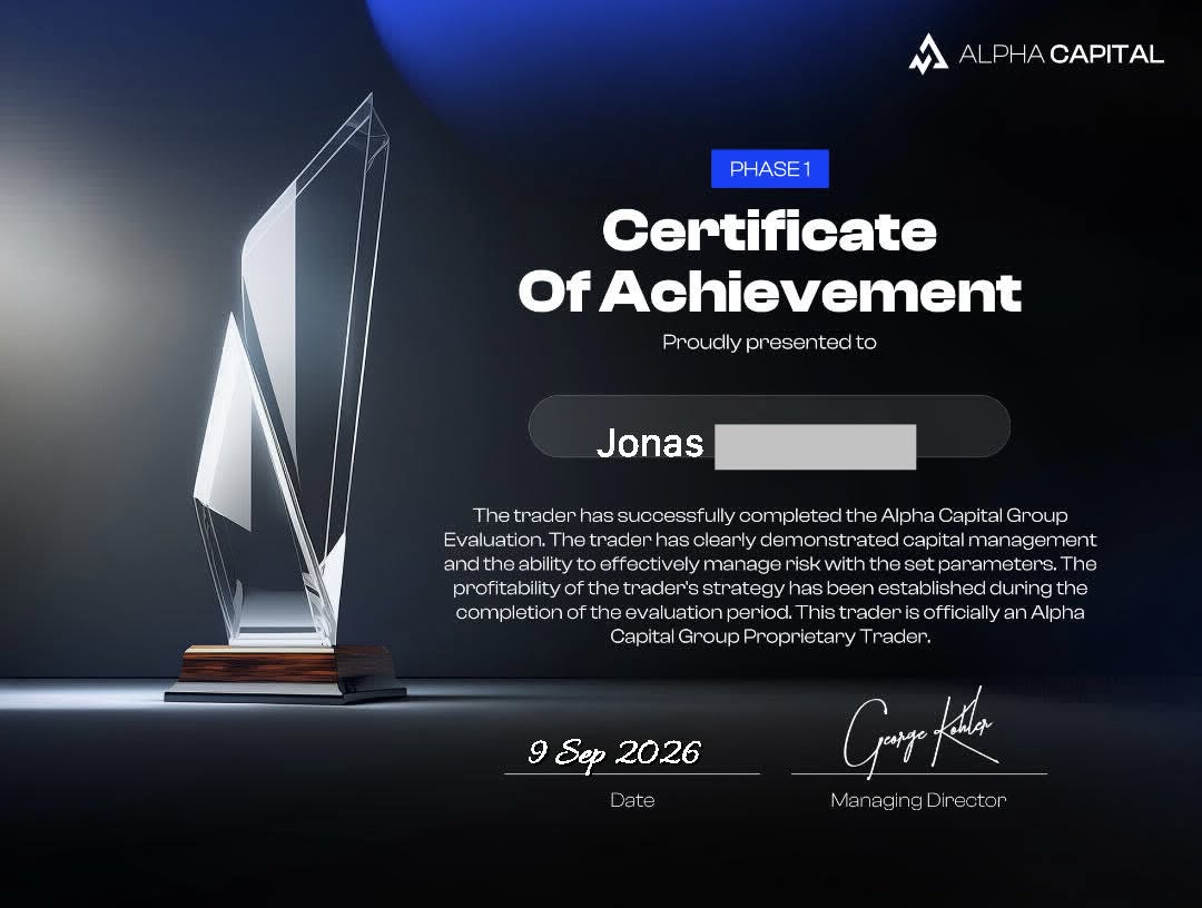 Alpha Capital-Zertifikat (Bestanden) über Funded für Jonas, 09.09.2026