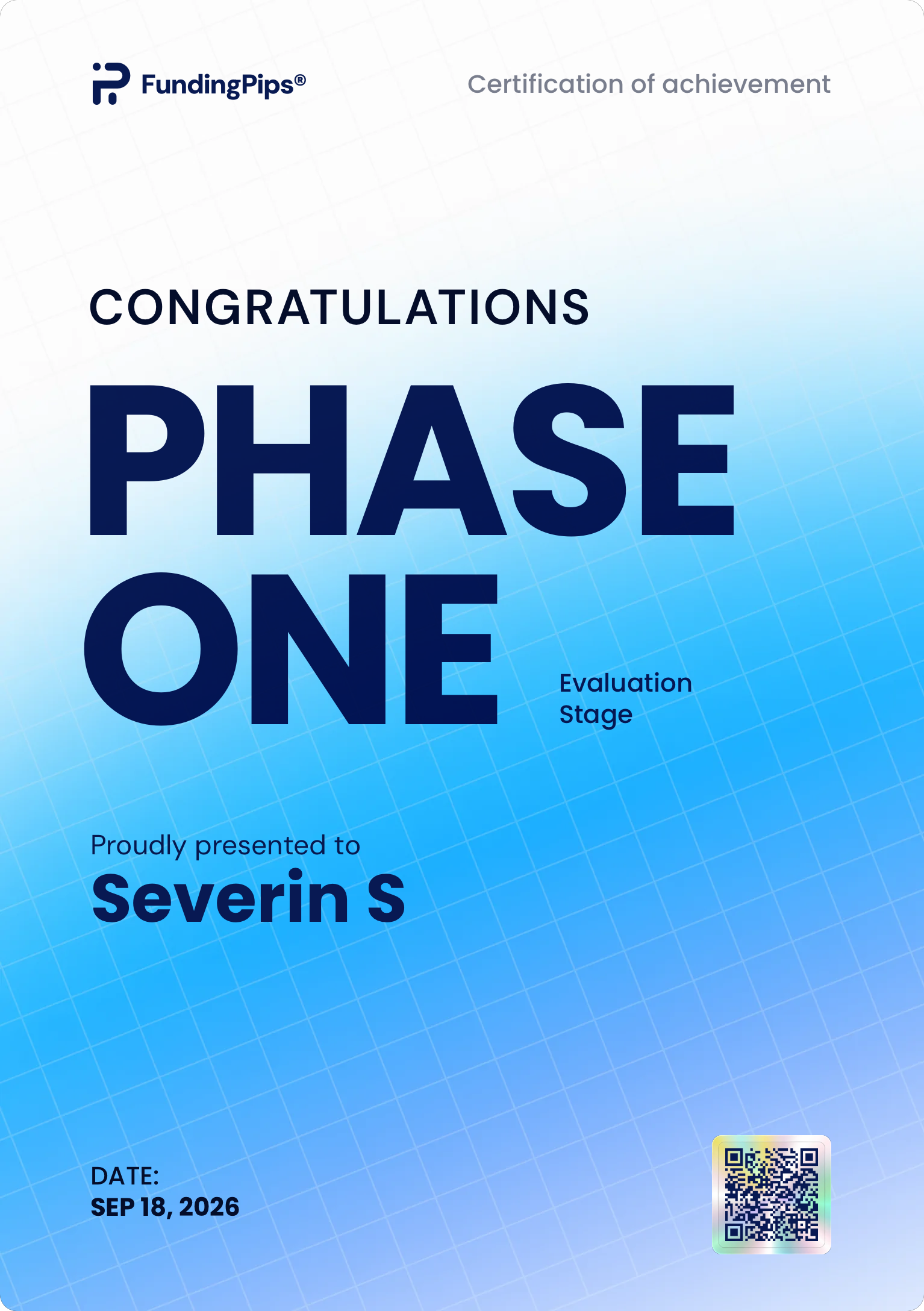 Fundingpips-Zertifikat (Bestanden) über Phase One für Severin S., 18.09.2026
