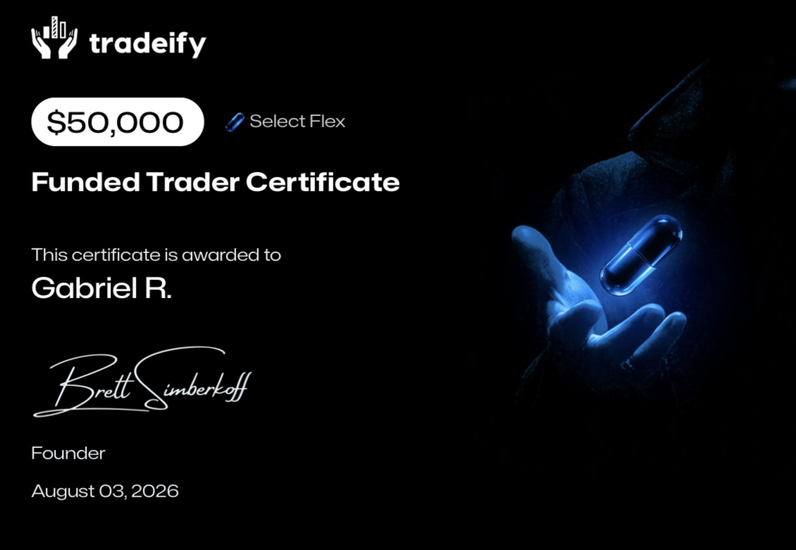 Tradeify-Zertifikat (Bestanden) über Funded für Gabriel R., 03.08.2026