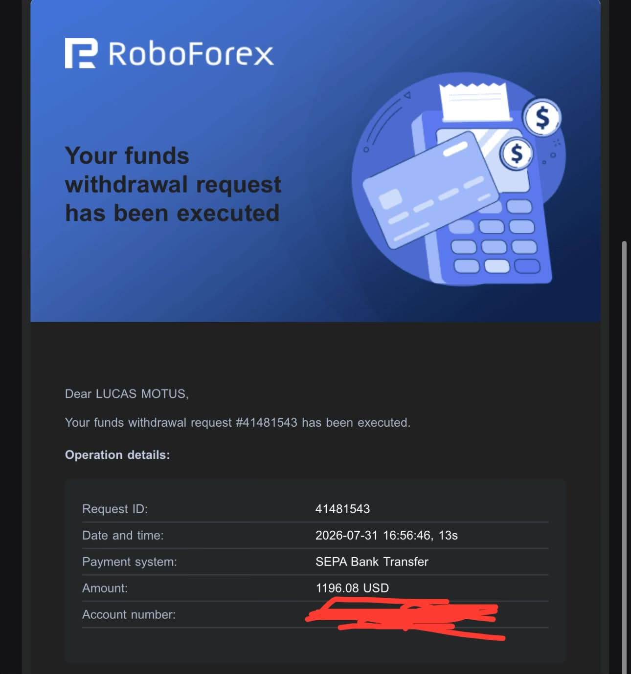 Roboforex-Zertifikat (Auszahlung) über 1196$ für Lucas, 31.07.2026