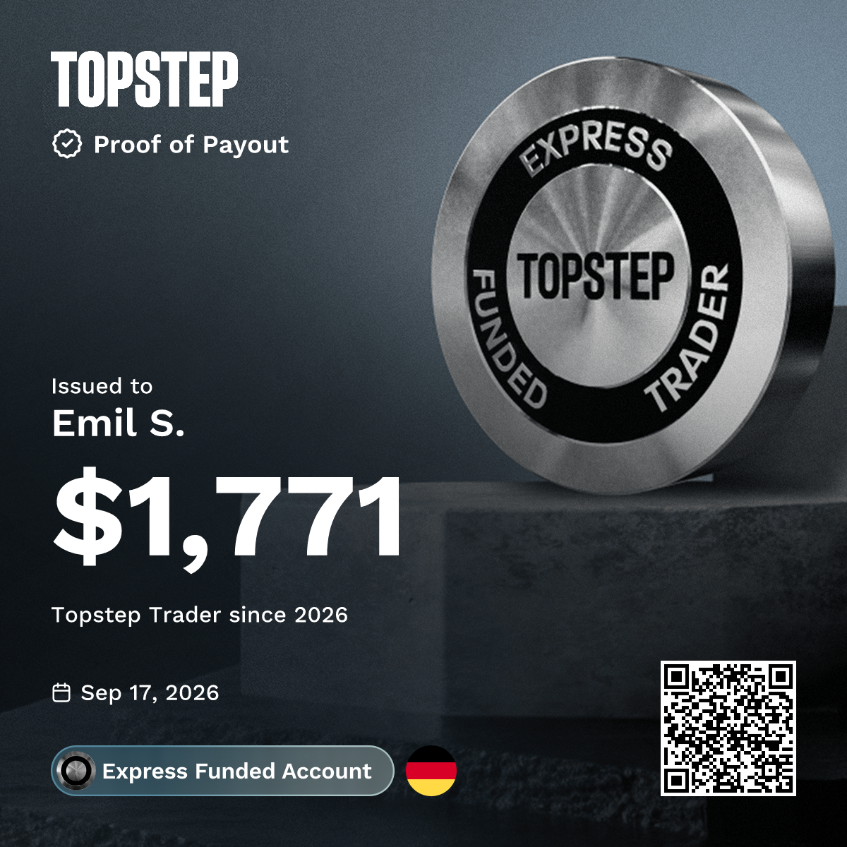 Topstep-Zertifikat (Auszahlung) über 1771$ x2 für Emil, 17.09.2026