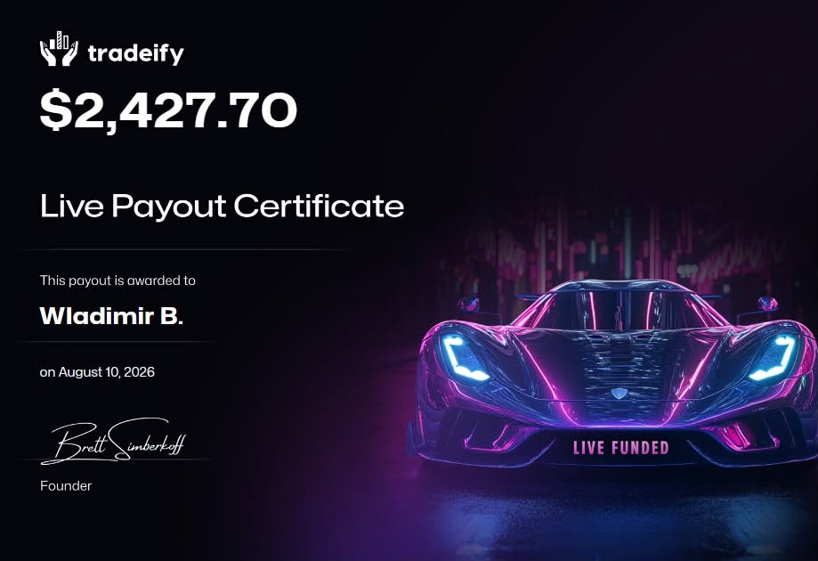 LIVE Tradeify-Zertifikat (Finanziert) über 2.427,70$ für Wladimir Bondarenko, 10.08.2026